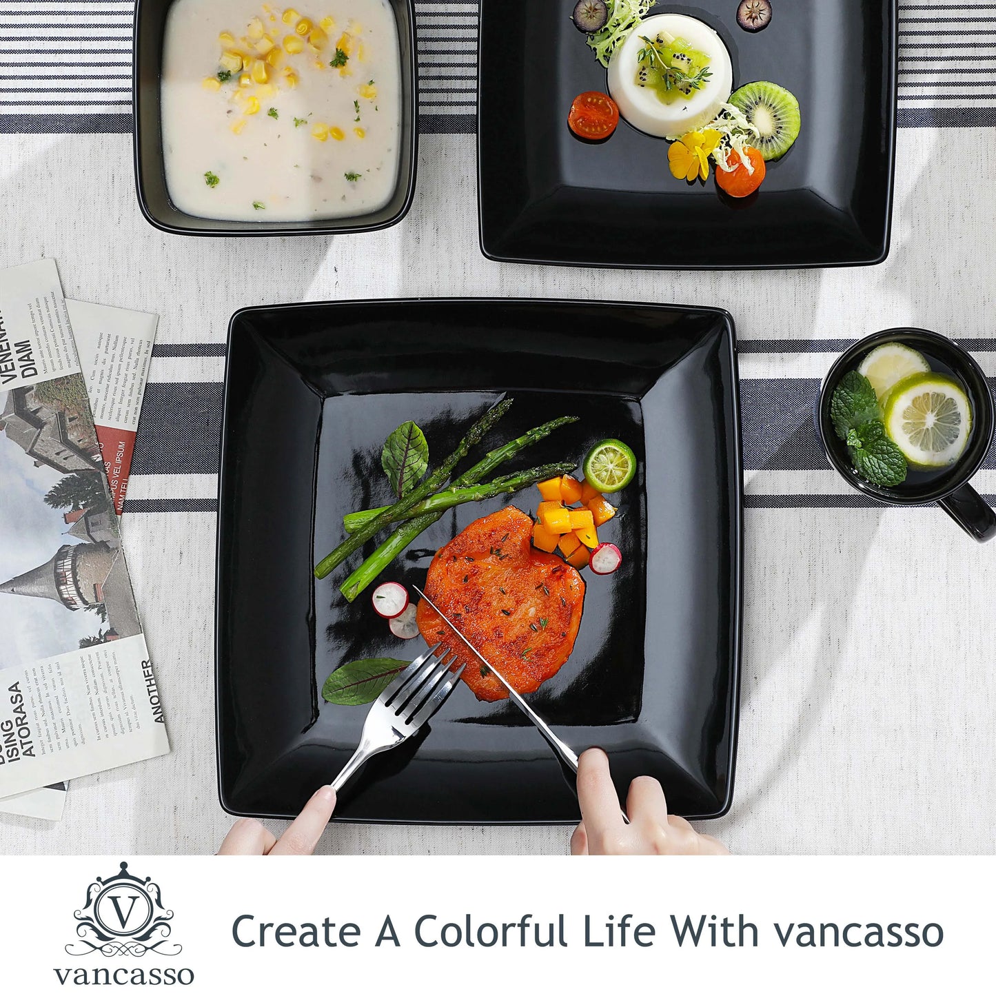 Malacasa Square Ceramic Porcelain Dinnerware Set Plates Bowls Mugs