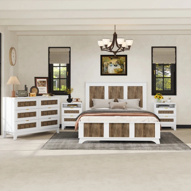 4-Piece Bedroom Set Farmhouse Platform Bed With Storage Nightstand