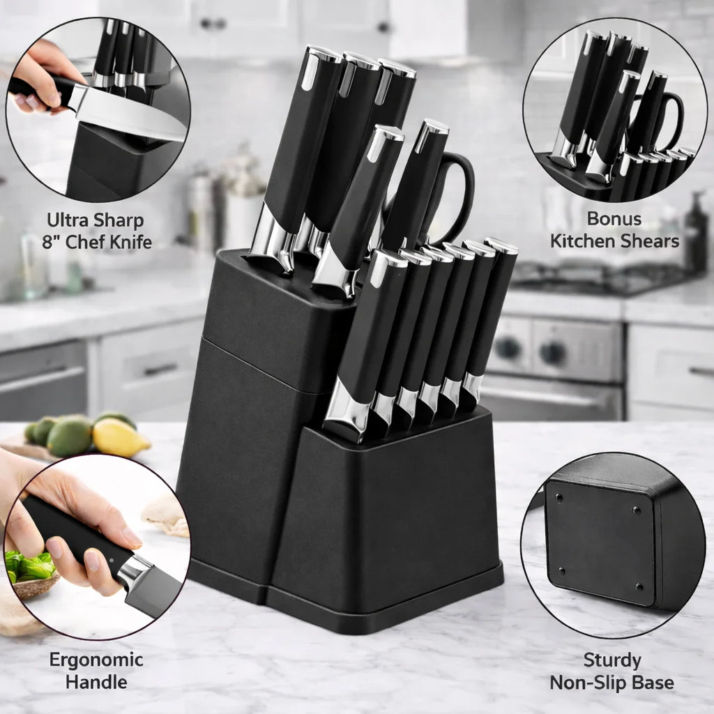 Knife Block Set With 6 Steak Knives High Carbon Stainless