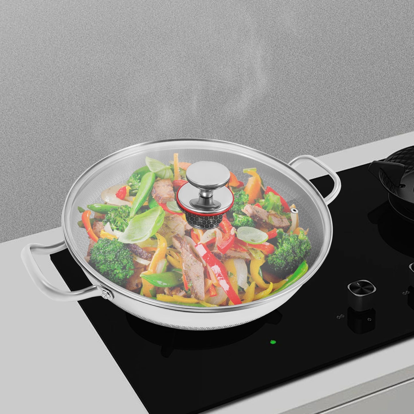 Stainless Steel Nonstick Wok Pan With Tempered Glass Lid For Open Flame