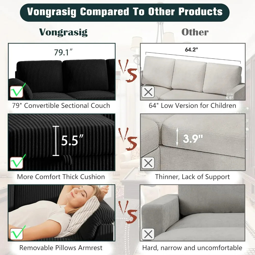 L-Shaped Convertible Sofa With Storage Ottoman And Side Pocket