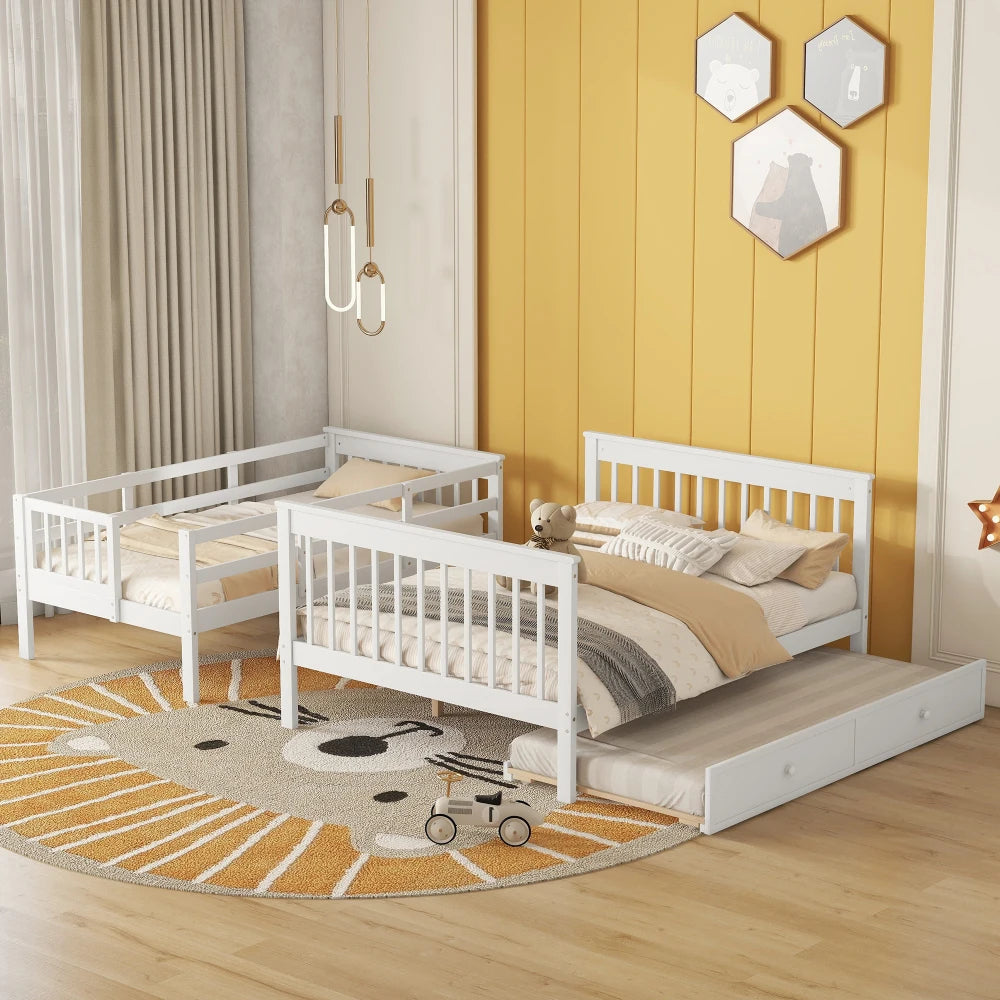 Twin Over Full Bunk Bed With Trundle Storage And Guardrail