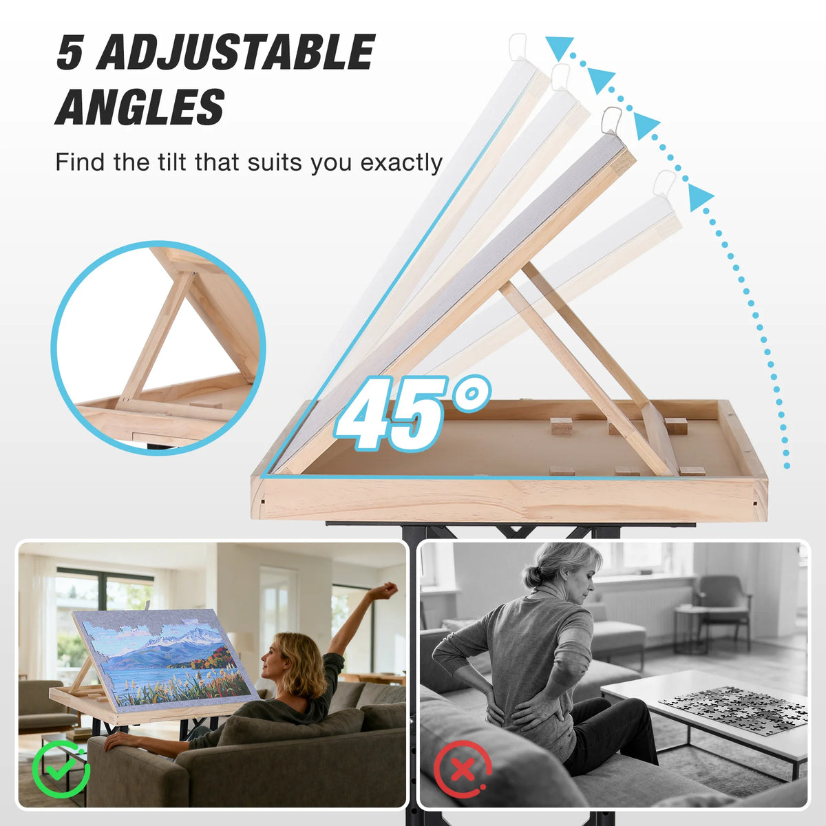 Adjustable Wooden Puzzle Table with Tilting Board and Storage Drawers