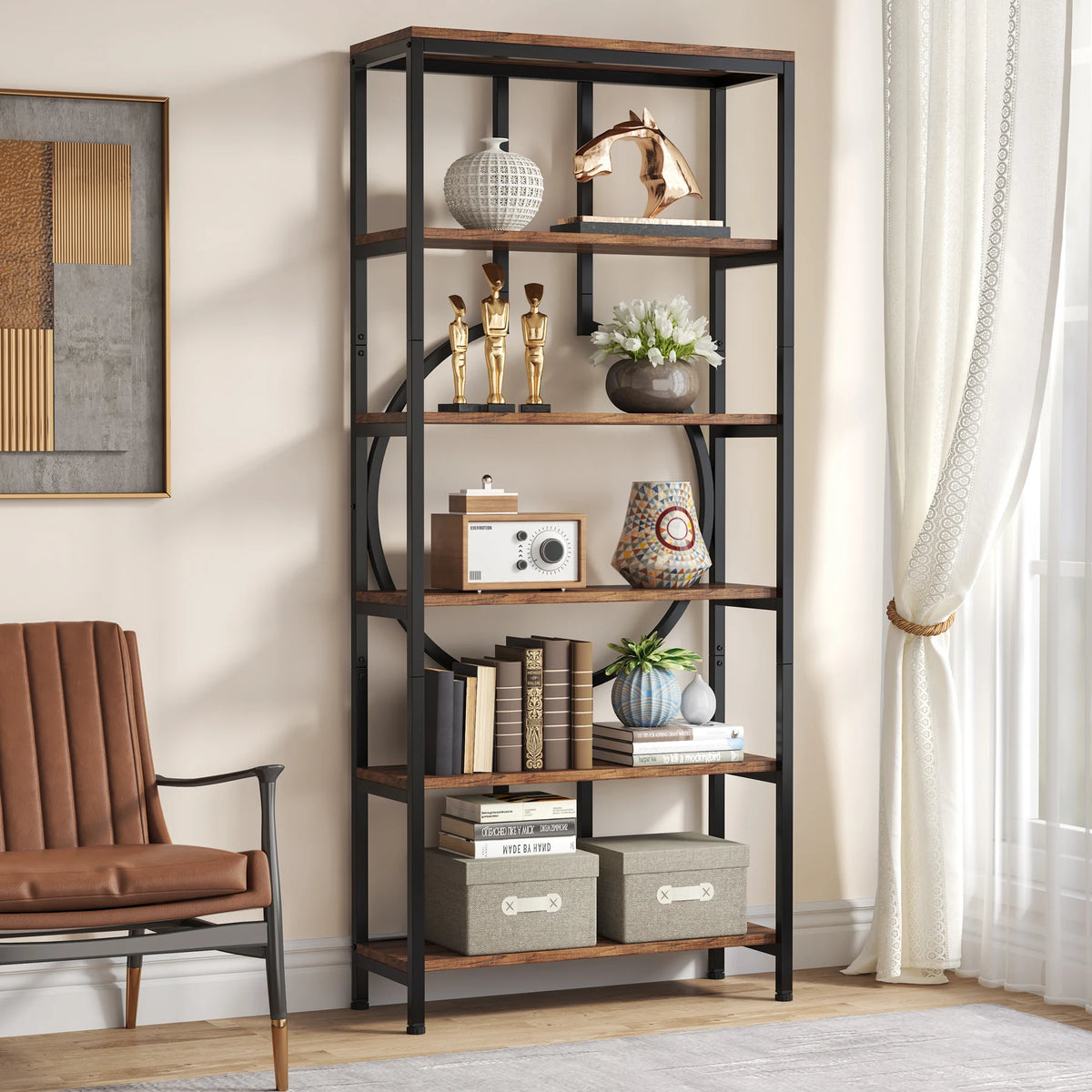 Tribesigns Industrial Bookshelf Open Shelves Metal Wood Storage Cabinet