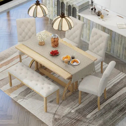 Retro Rectangular Dining Table Set With Upholstered Chairs And Bench