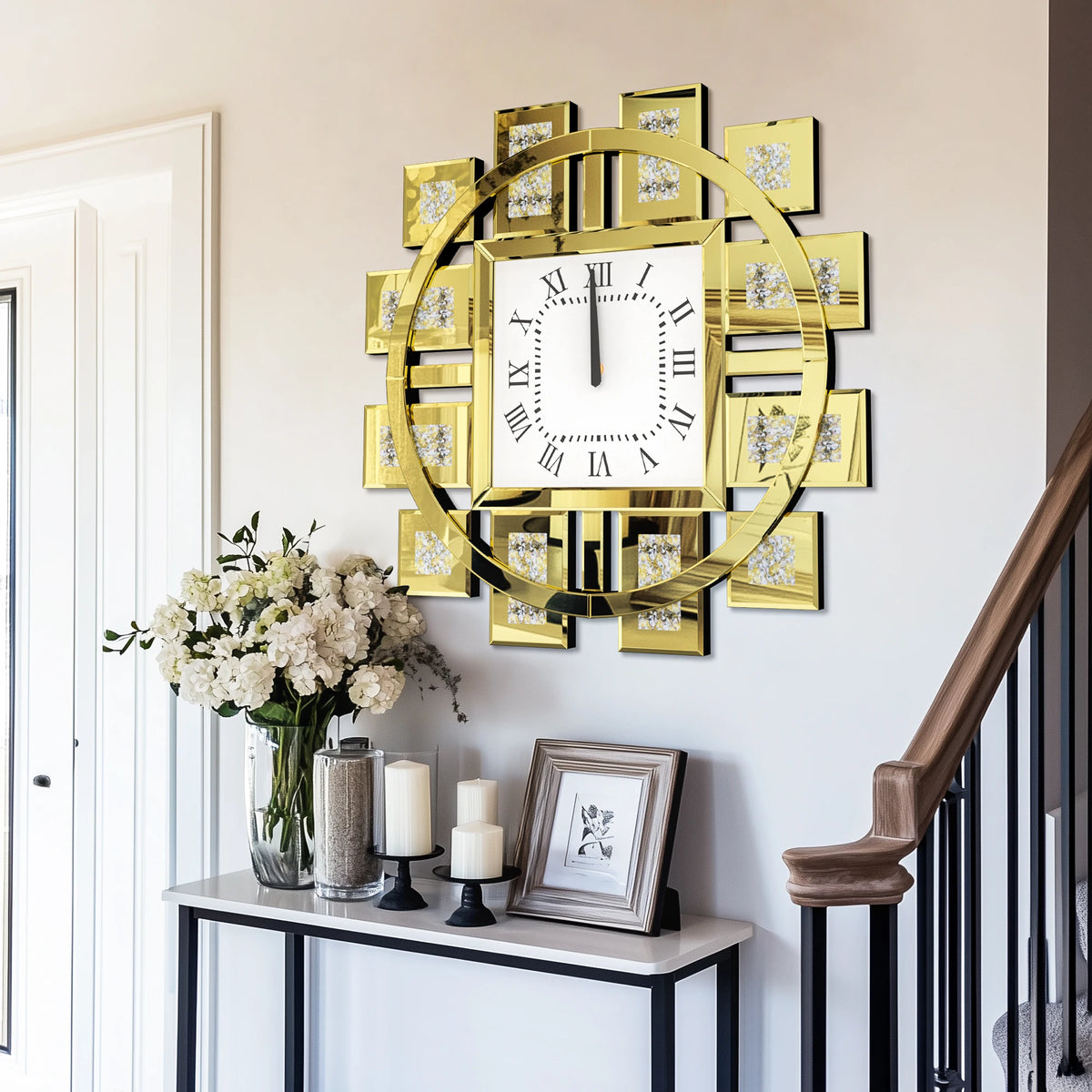 Irregular Mirrored Wall Clock With Diamond Sparkle And Roman Numerals