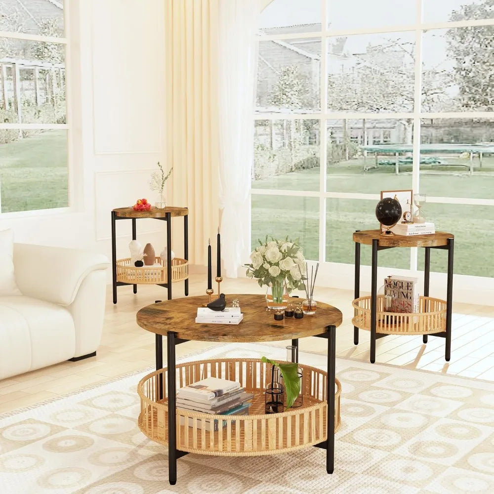 Rattan 3-Piece Coffee Table Set With Two-Tier Round Frame