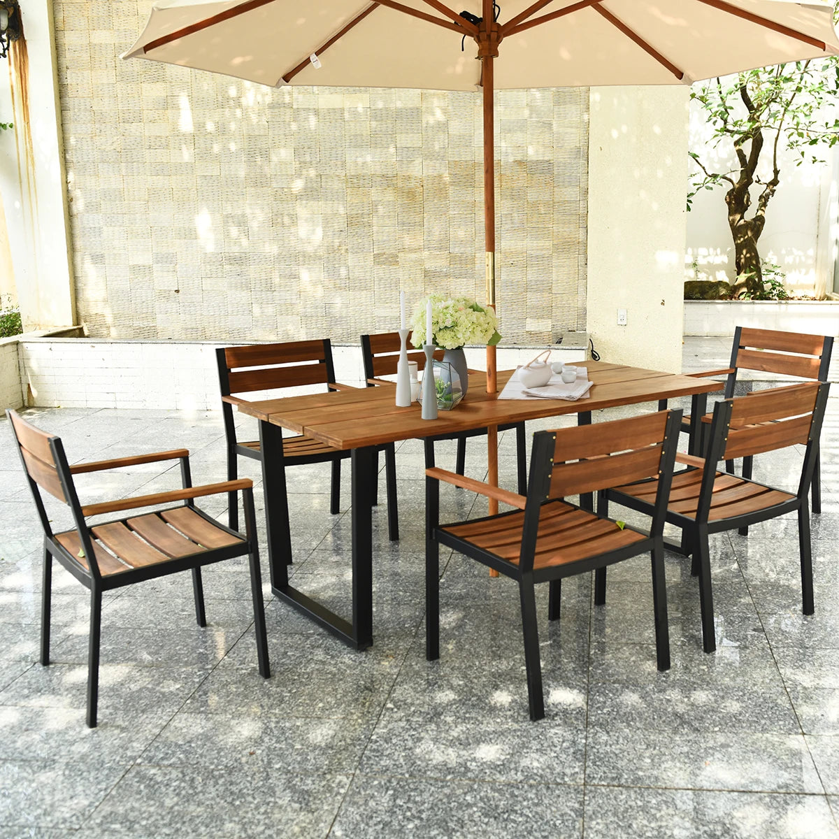 HOMASIS Acacia Wood Outdoor Patio Dining Table And Chair Set