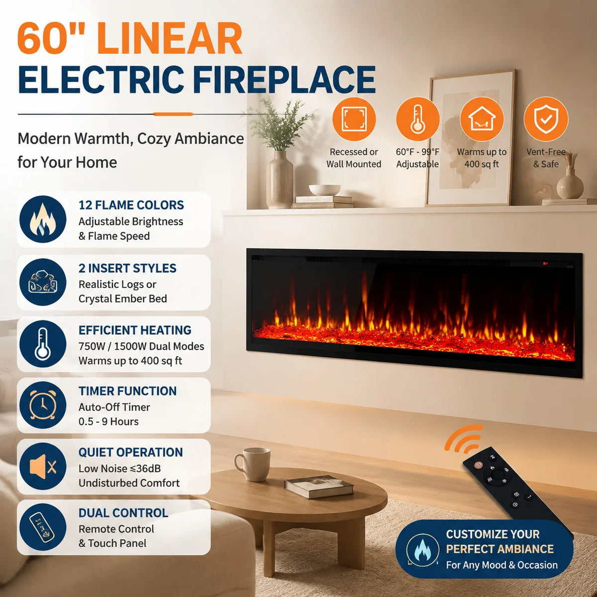 ANIXOL Recessed Wall Mounted Linear Electric Fireplace Heater With Remote