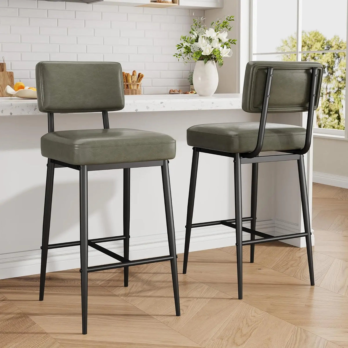 HiMISS Faux Leather Bar Stools With Back And Metal Legs