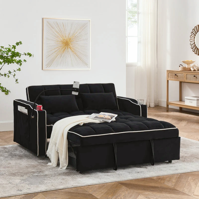 Modern Velvet Sofa Bed With Pullout Adjustable Back USB Port