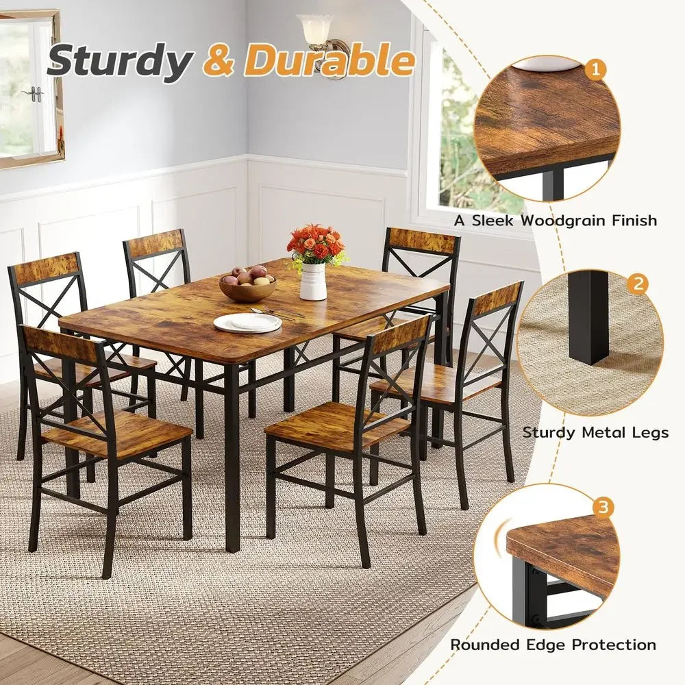 XMSJ 7 Piece Dining Table Set With 6 Chairs Farmhouse