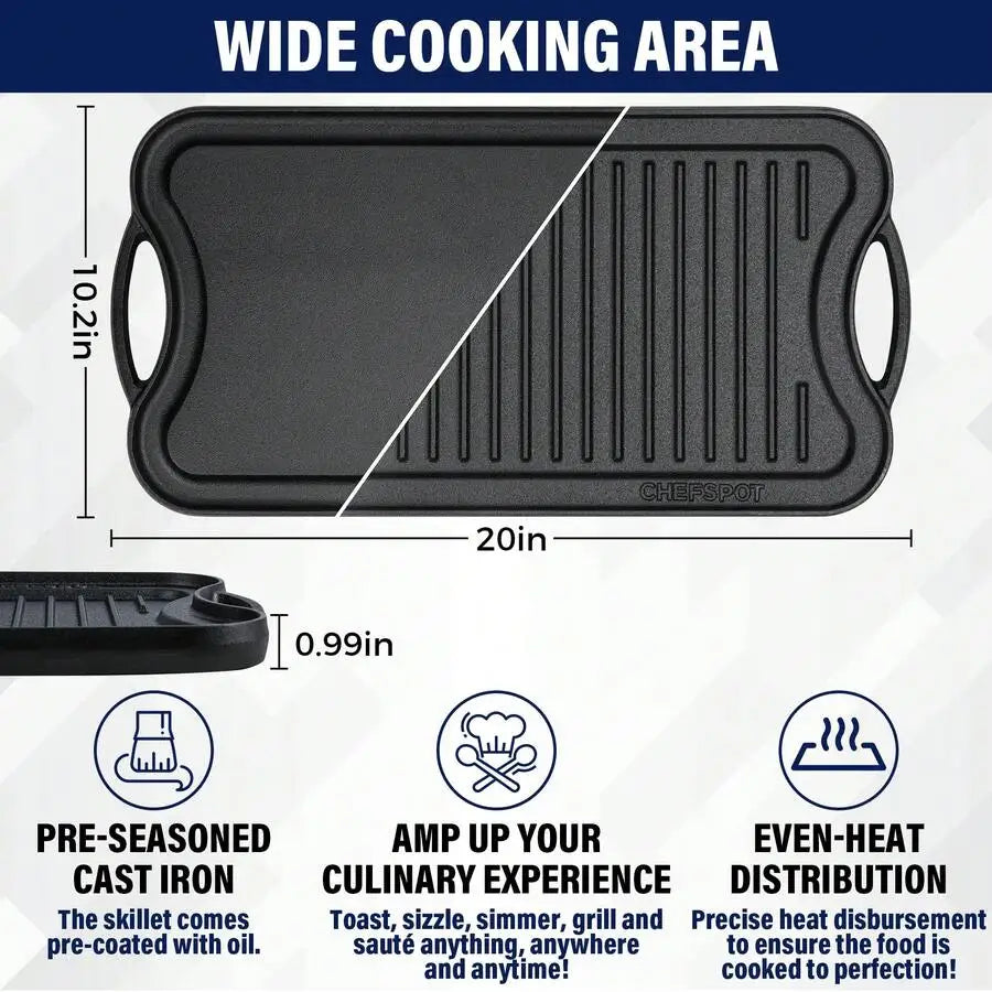 XMSJ Cast Iron Reversible Grill And Griddle Pan Preseasoned