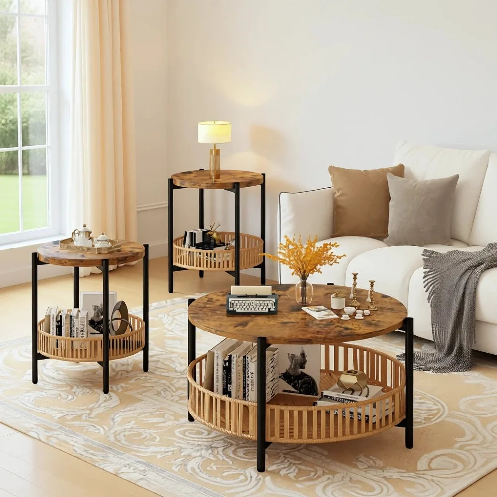 Rattan 3-Piece Coffee Table Set With Two-Tier Round Frame