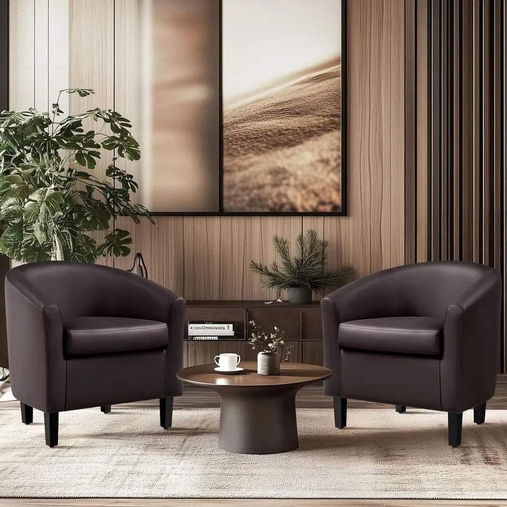 Faux Leather Barrel Accent Chairs Set of 2 Padded Seating