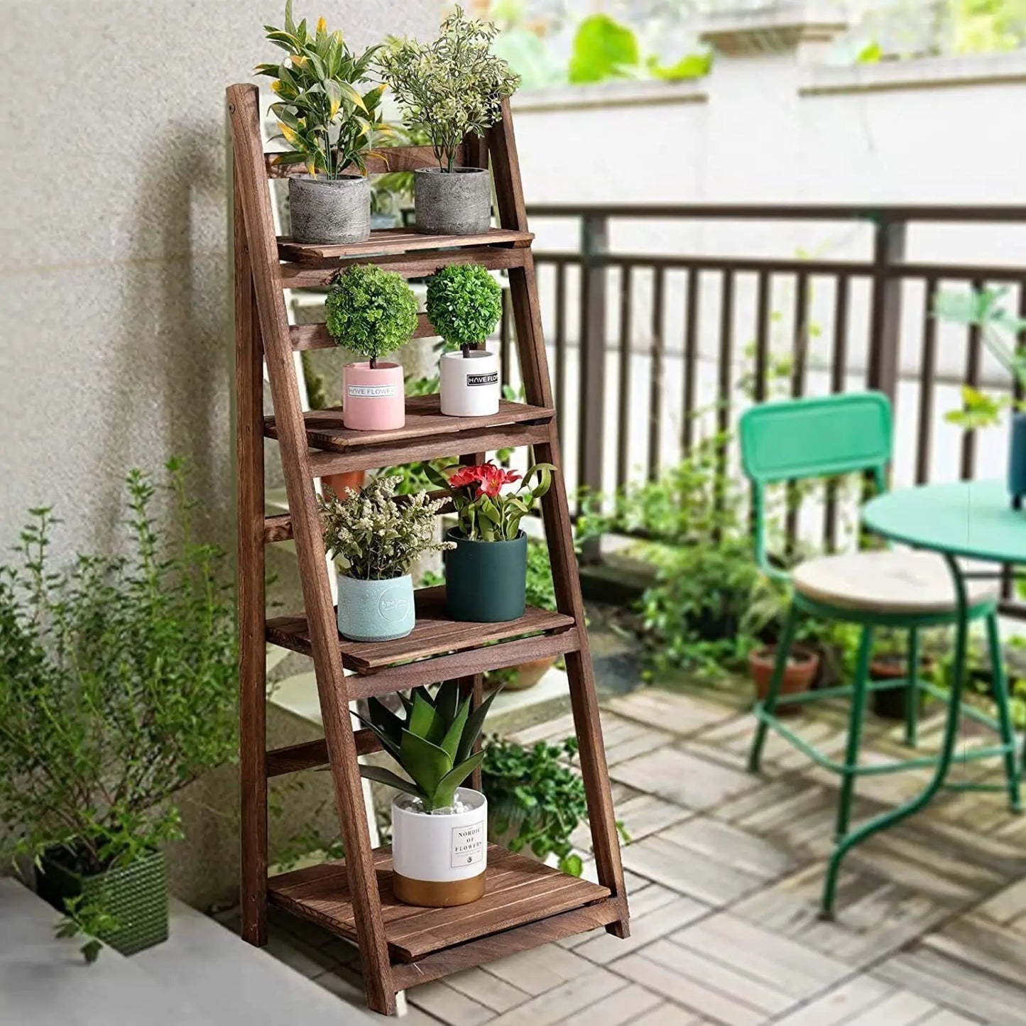 Folding Wooden 4 Tier Ladder Shelf Storage Bookcase