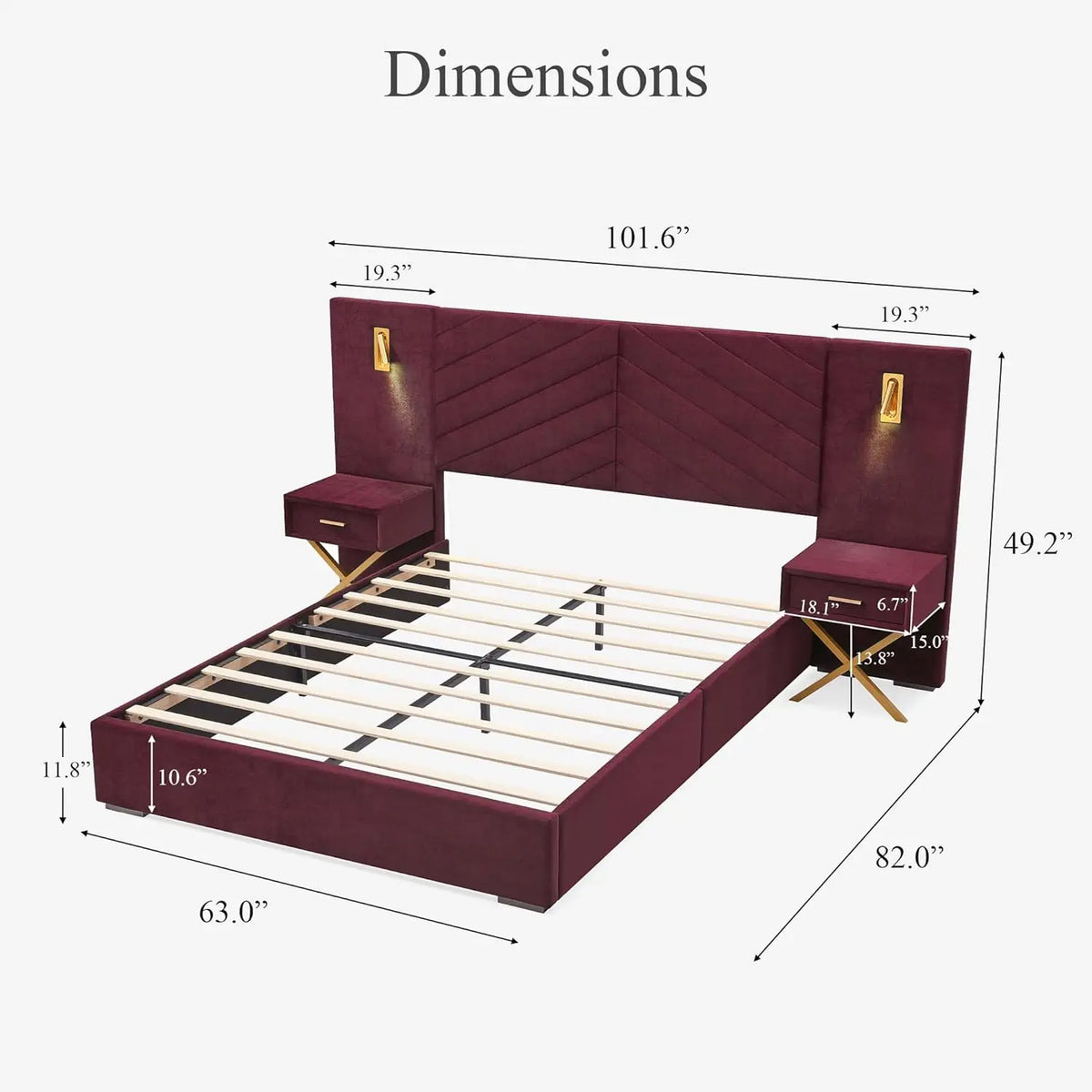 DIGGERA Upholstered Platform Bed Frame With LED Lights And Nightstands
