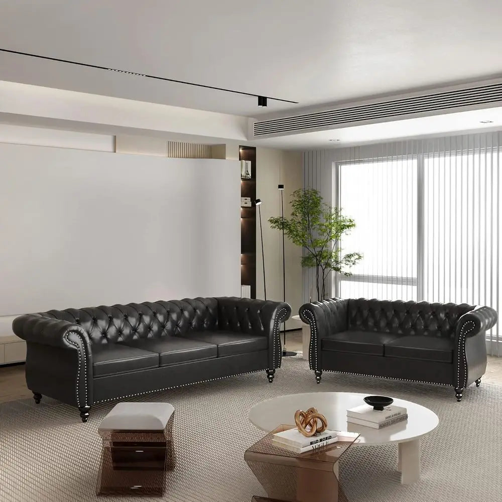 Chesterfield Leather Sofa And Loveseat Two Piece Living Room Set