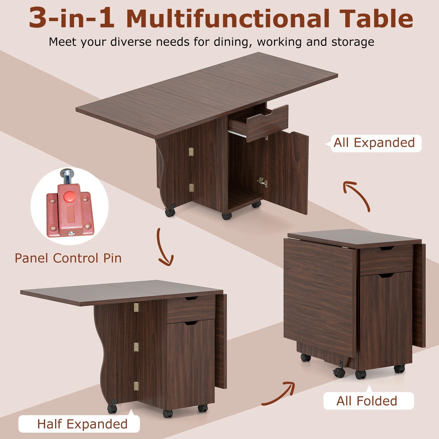 HOMASIS Folding Dining Table With Lockable Wheels Drawers And Cabinets