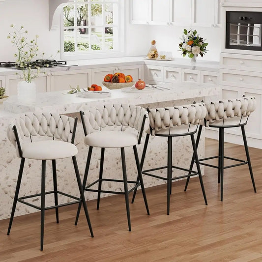 Metal Bar Stools Set of 4 Woven Backed Velvet Seating