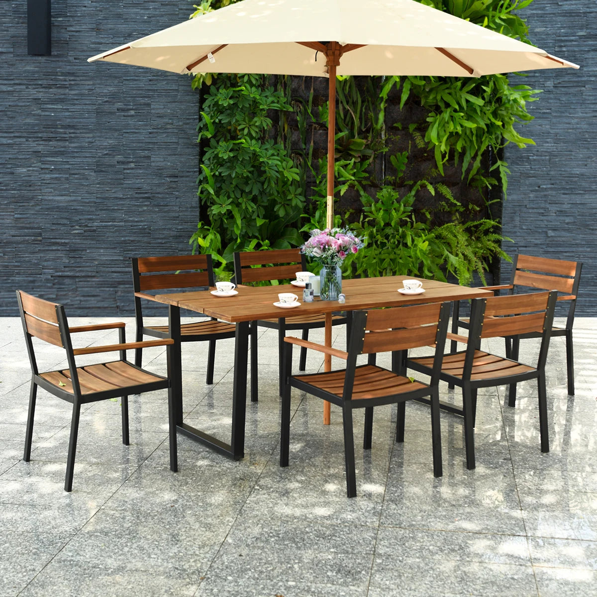 HOMASIS Acacia Wood Outdoor Patio Dining Table And Chair Set