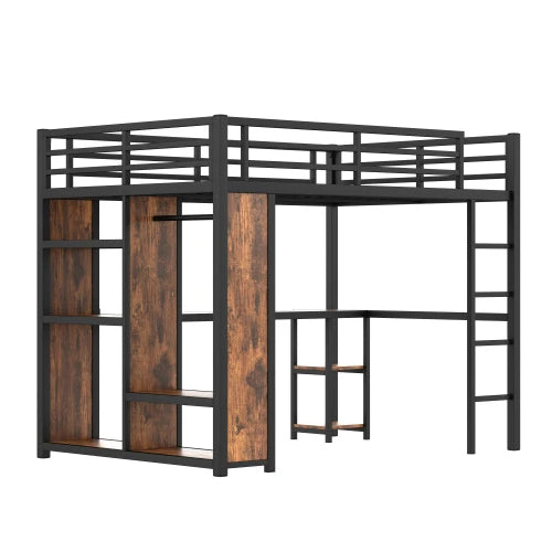 Loft Bed Frame With Builtin Wardrobe Desk And Shelves Woodgrain