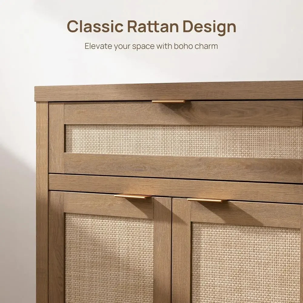 Sideboard Buffet Cabinet Set of 3 With Rattan Accents