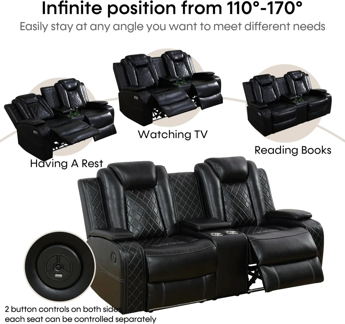 Faux Leather Power Recliner Loveseat With USB Port LED Lights Console