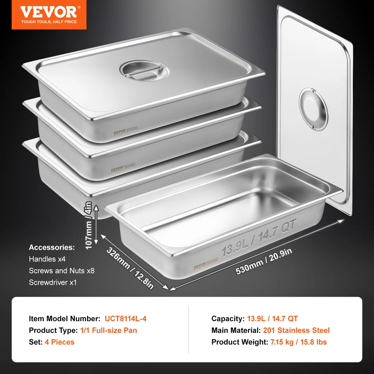 SucceBuy Four Pack Stainless Steel Steam Table Pans With Lids
