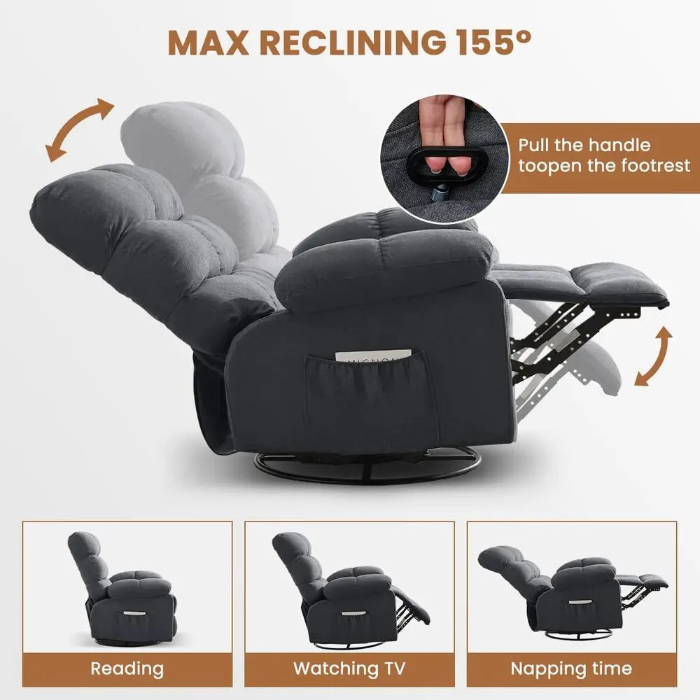 Swivel Rocker Recliner Chair or Adults, 360° Upholstered Manual Recliners or Small Spaces, Single Seat Glider Reclining Chair wi