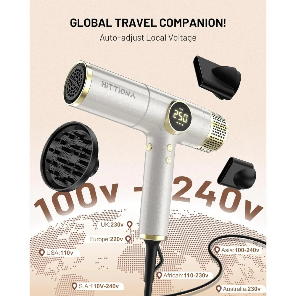HITTIONA Dual Voltage Travel Hair Dryer Magnetic Diffuser 2000W Ionic