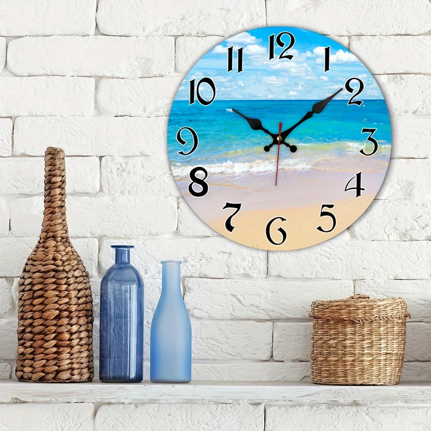 Blue Sky White Clouds Beach Themed Wall Clock Silent Battery Operated