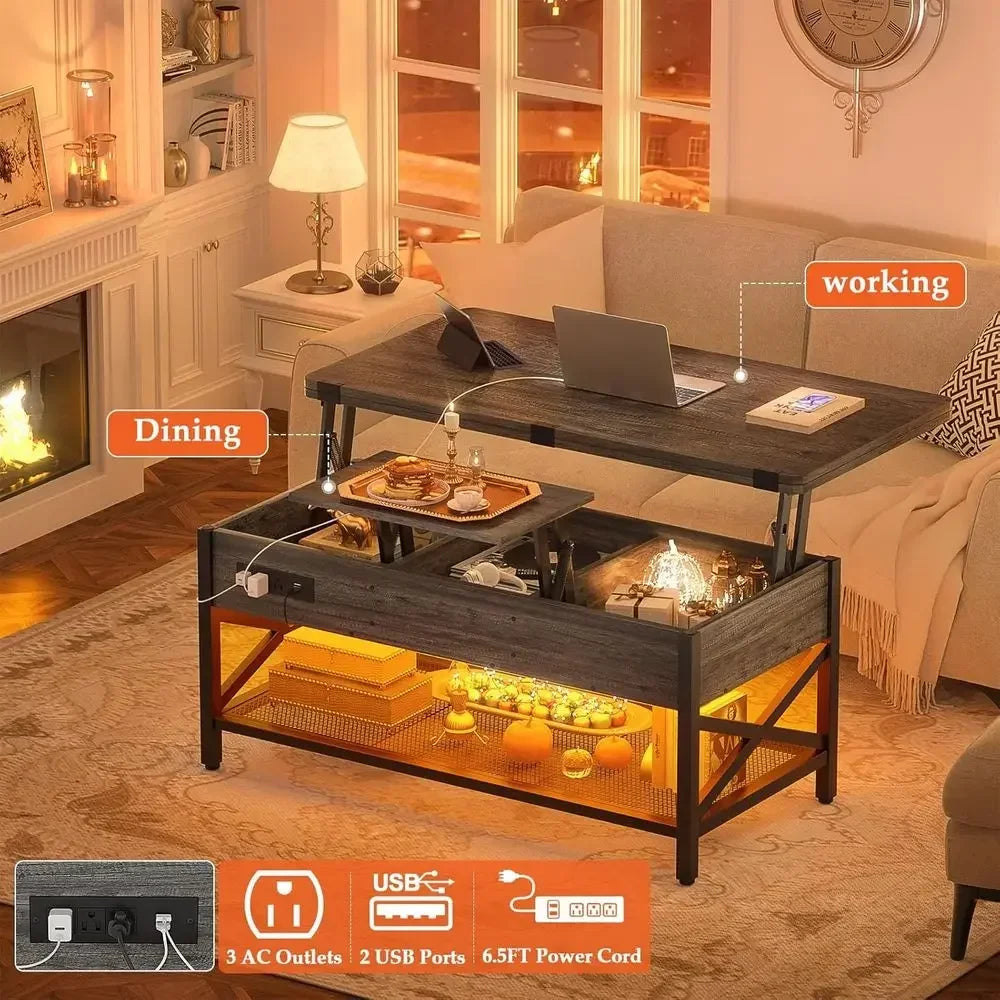 Coffee Table With Lit Top Converts To Dining Table LED Power Outlet