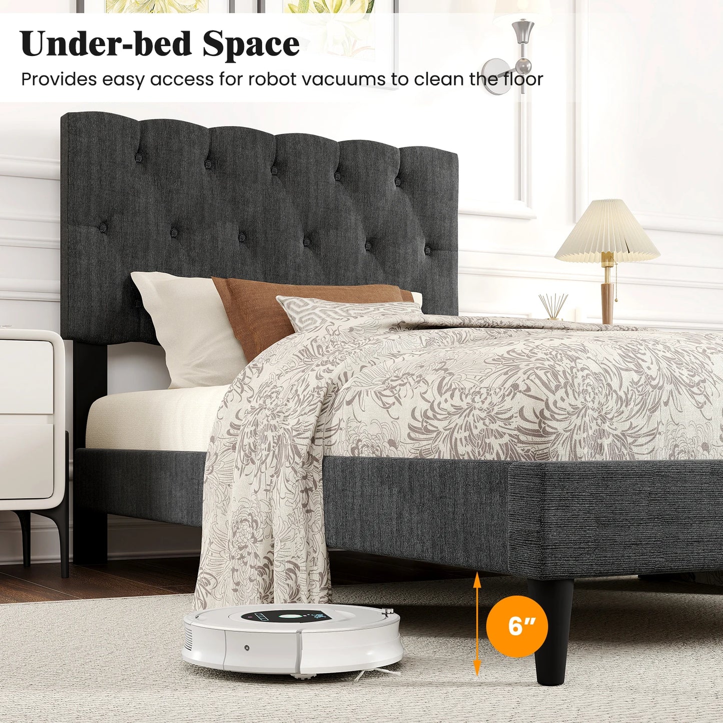 HOMASIS Bed Frame With Button Tufted Headboard And Wooden Slats