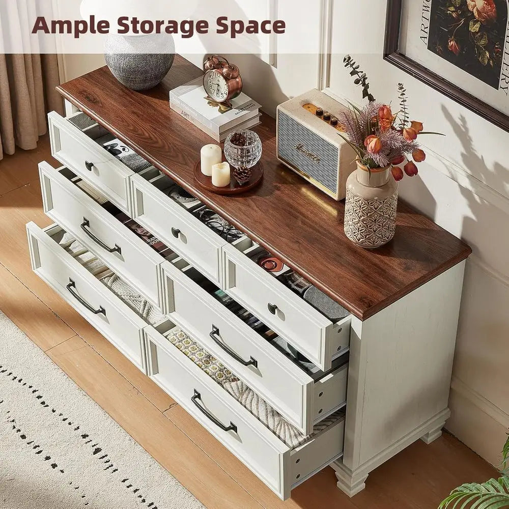 Rustic White Wood Bedroom Furniture Set With 7 Drawer Dresser And 2 Nightstands