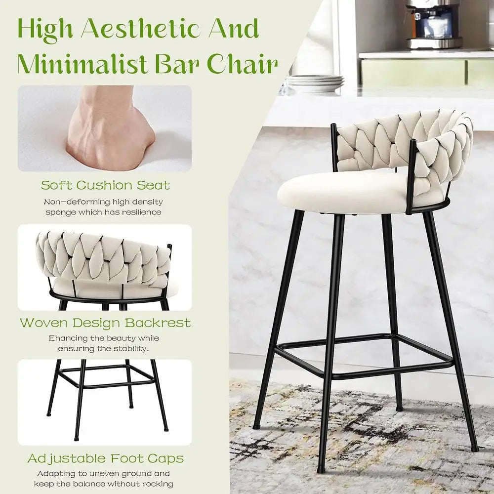 Metal Bar Stools Set of 4 Woven Backed Velvet Seating