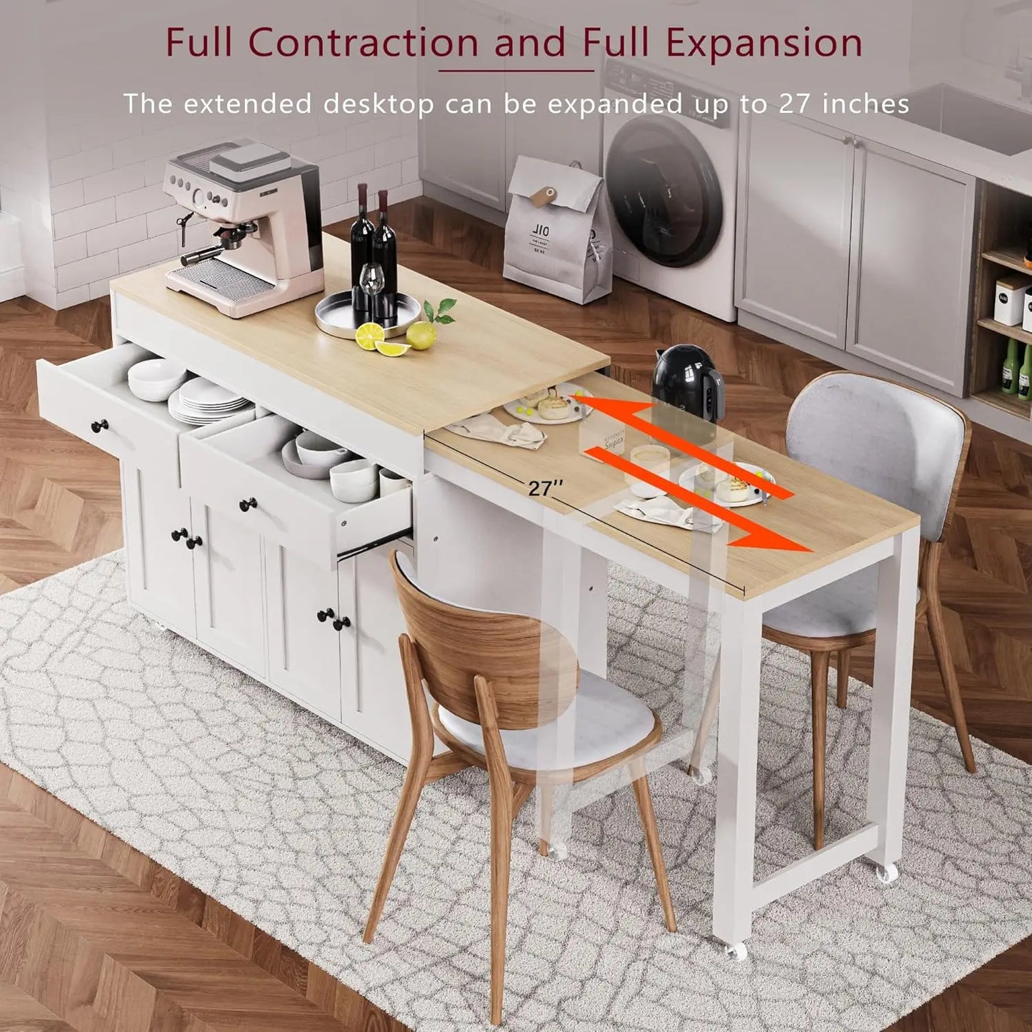 Extendable Kitchen Island With Rolling Cart And Spice Rack
