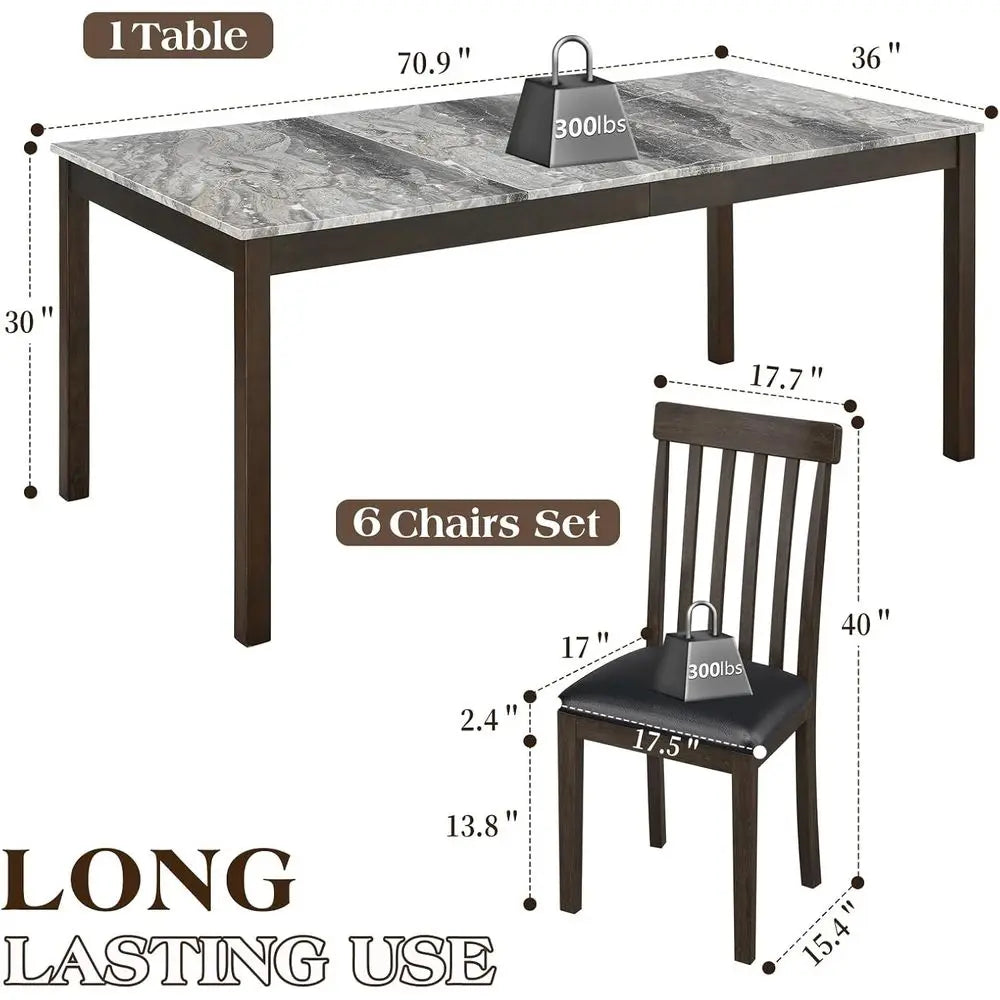 Ticify 7 Piece Solid Wood Dining Set With Marble Table