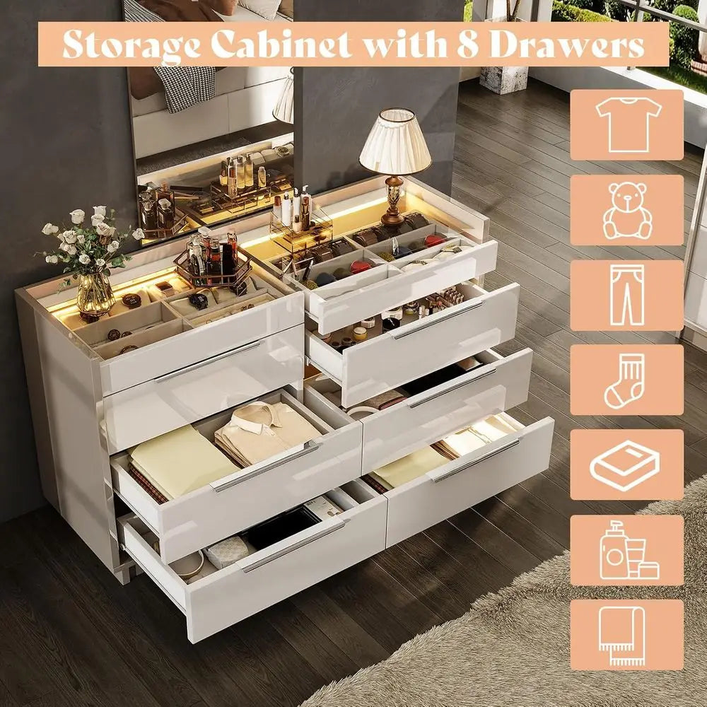 3 Piece Bedroom Set With LED Dresser And Charging Nightstands