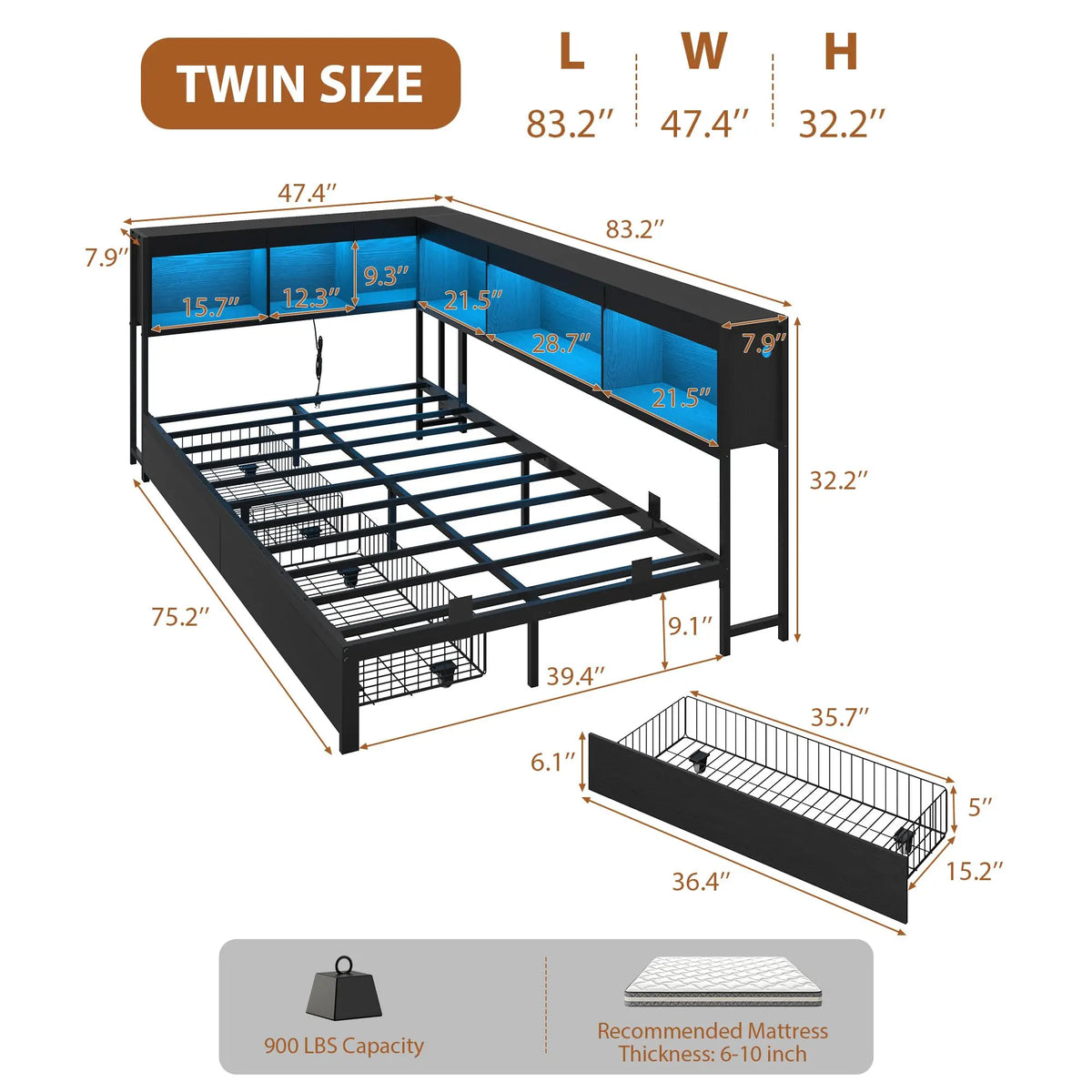 HiMISS Corner Bed Frame With Bookcase Headboard And LED Lights
