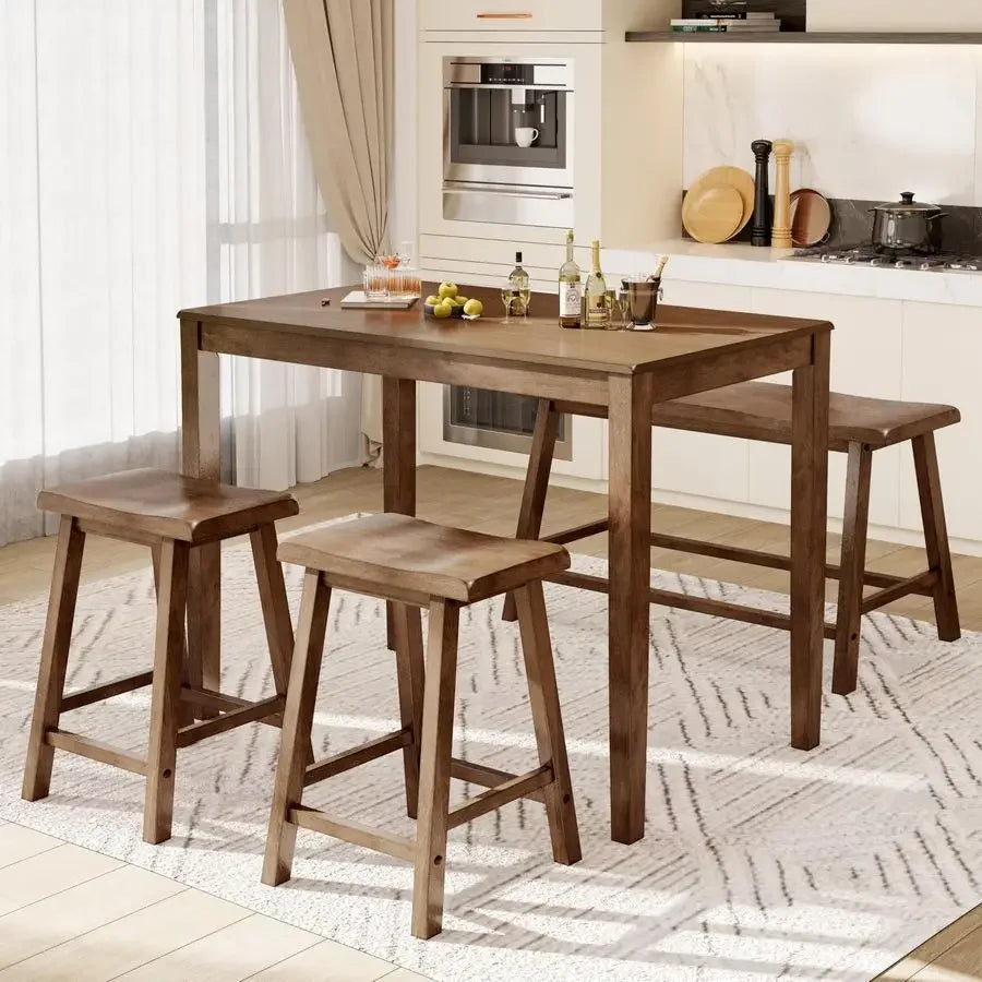 Solid Rubber Wood Counter Height Table And Chairs Set For Four Farmhouse Style