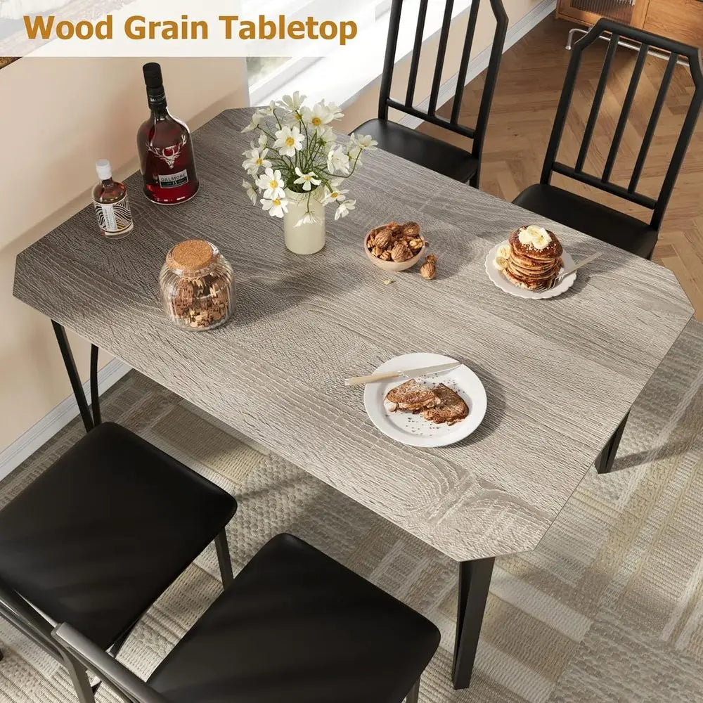 Ticify Chamfered Dining Table Set With Leather Upholstered Chairs