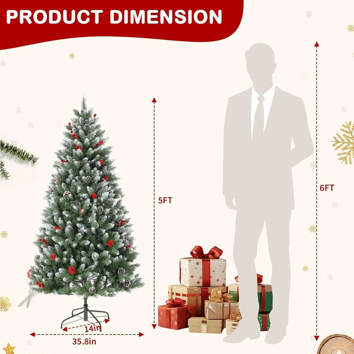HiMISS Snow Flocked Artificial Christmas Tree With Pine Cones