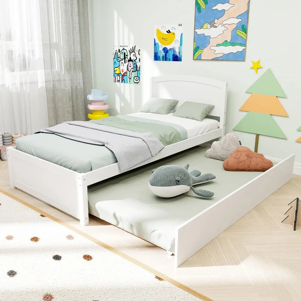 Pine Wood Pull Out Trundle Daybed With Headboard And Slats