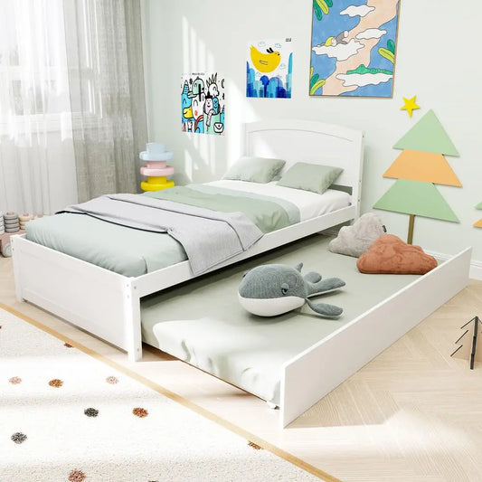 Pine Wood Pull Out Trundle Daybed With Headboard And Slats