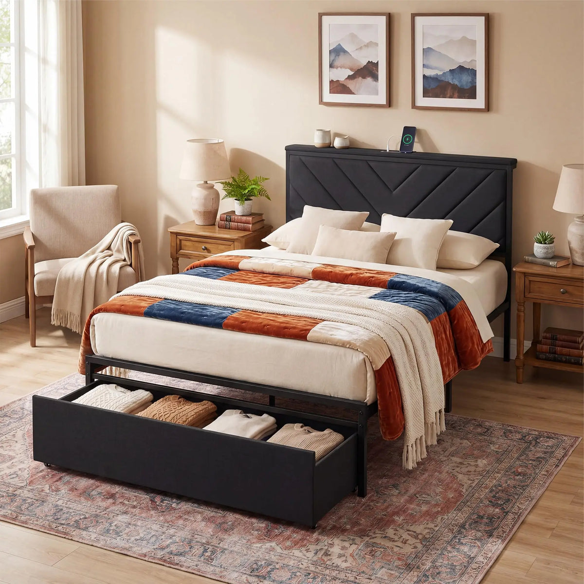 HiMISS Metal Platform Bed With Storage Drawers And Charging Station