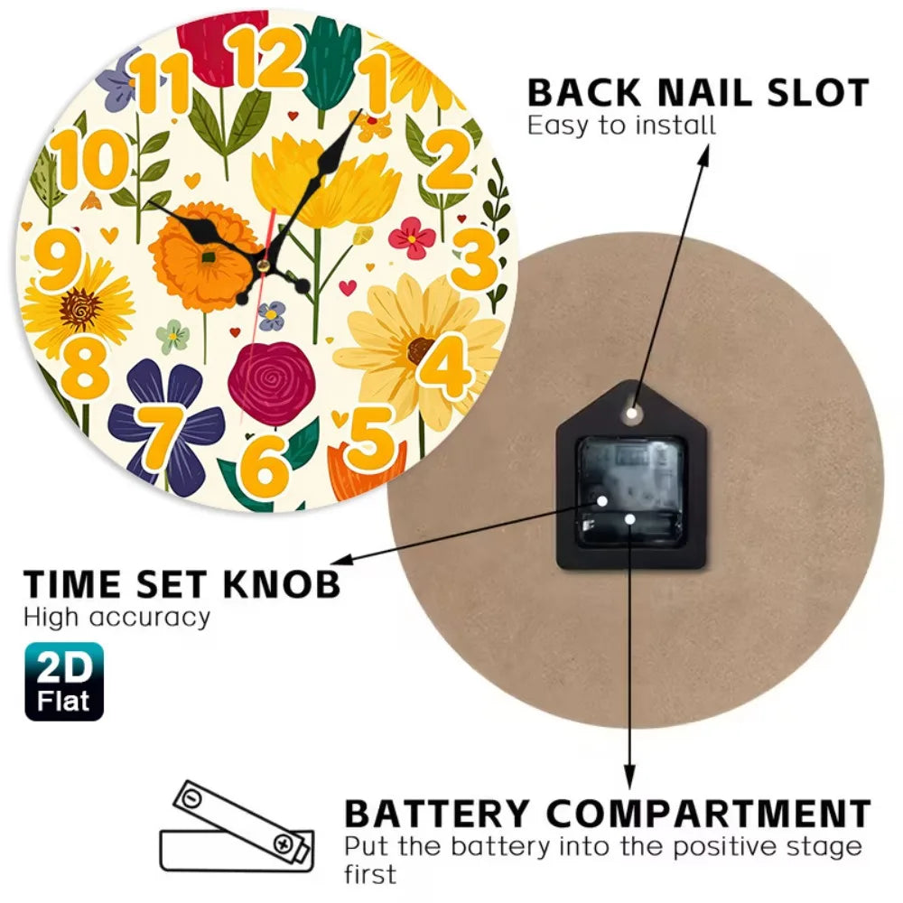 Wooden Wall Clock With Floral Art Design Silent Battery Powered