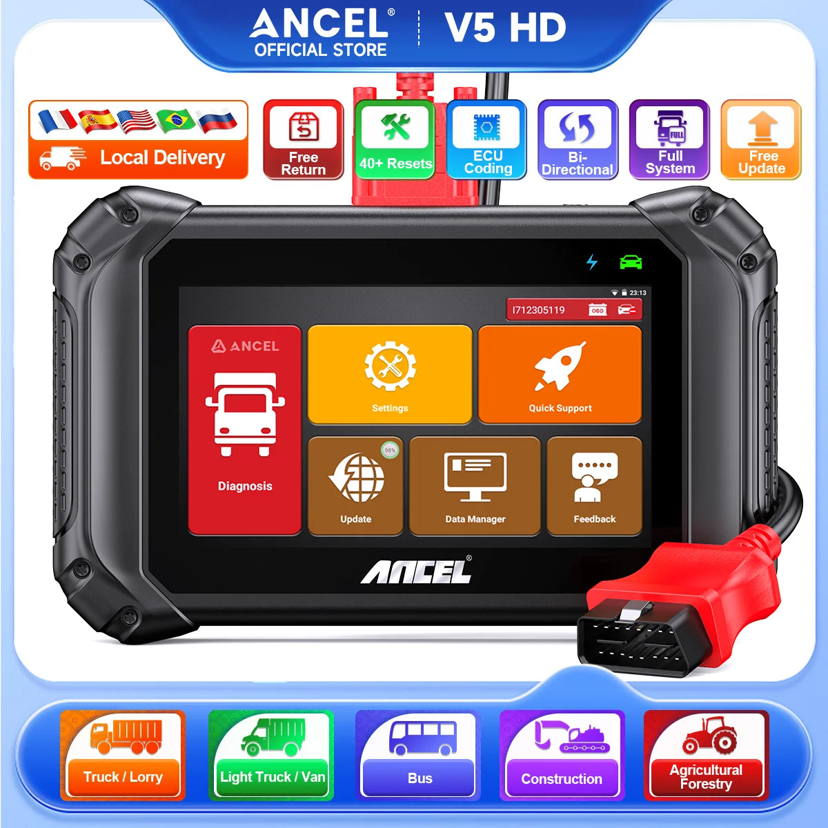 ANCEL V5 HD Heavy Duty Truck Bi Directional Diagnostic Scanner