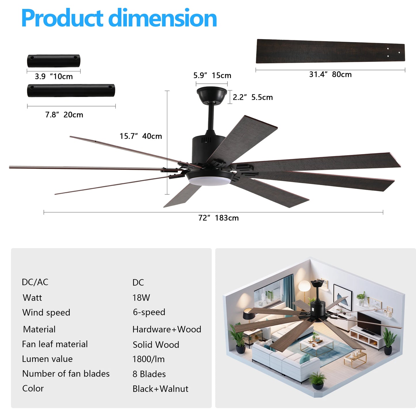 Longree LED Ceiling Fan Light With Dimmable Temperature Remote