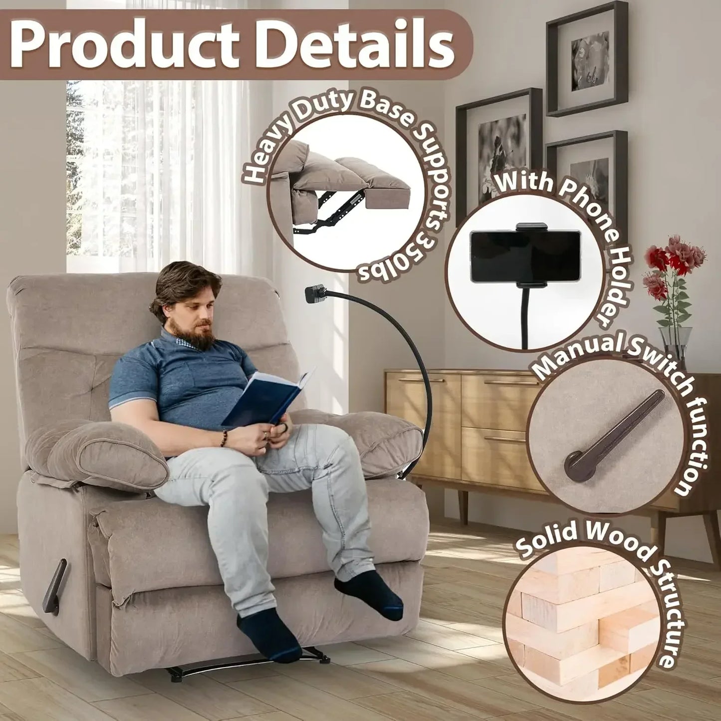 Heavy Duty Manual Recliner Chair With Phone Holder For Adults